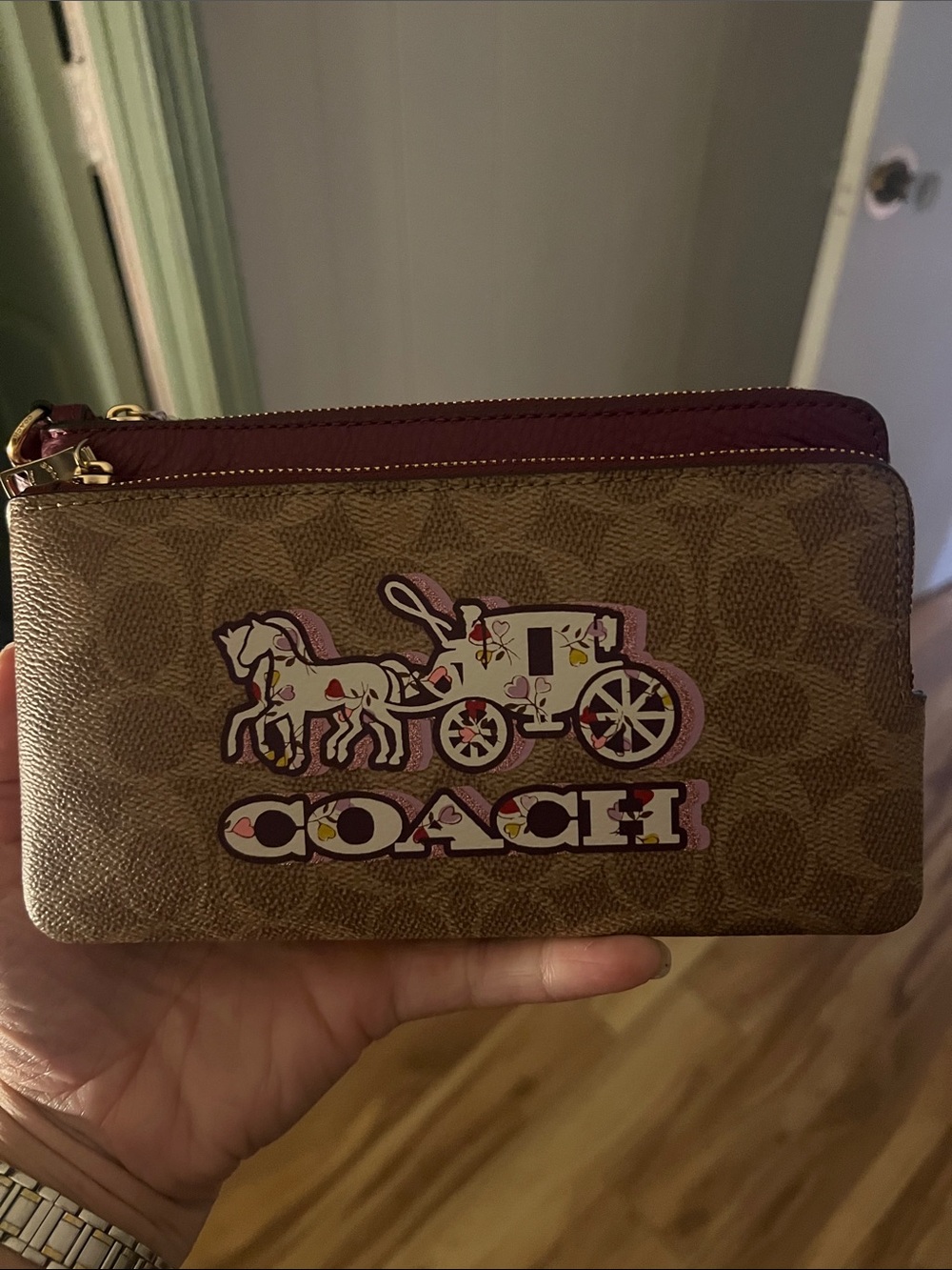 Coach Signature Canvas Wristlet in Brown with Burgundy Trim